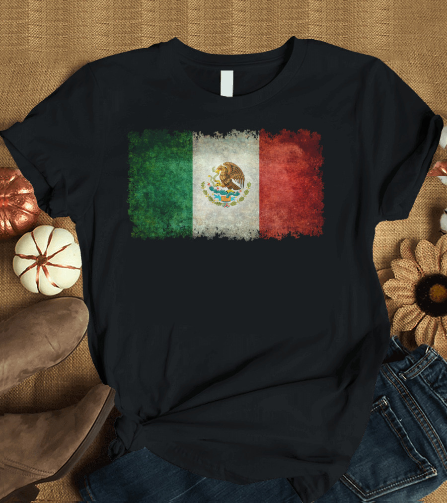 Flag Of Mexico Grunge Distressed Style With Eagle And Serpent Emblem T-Shirt