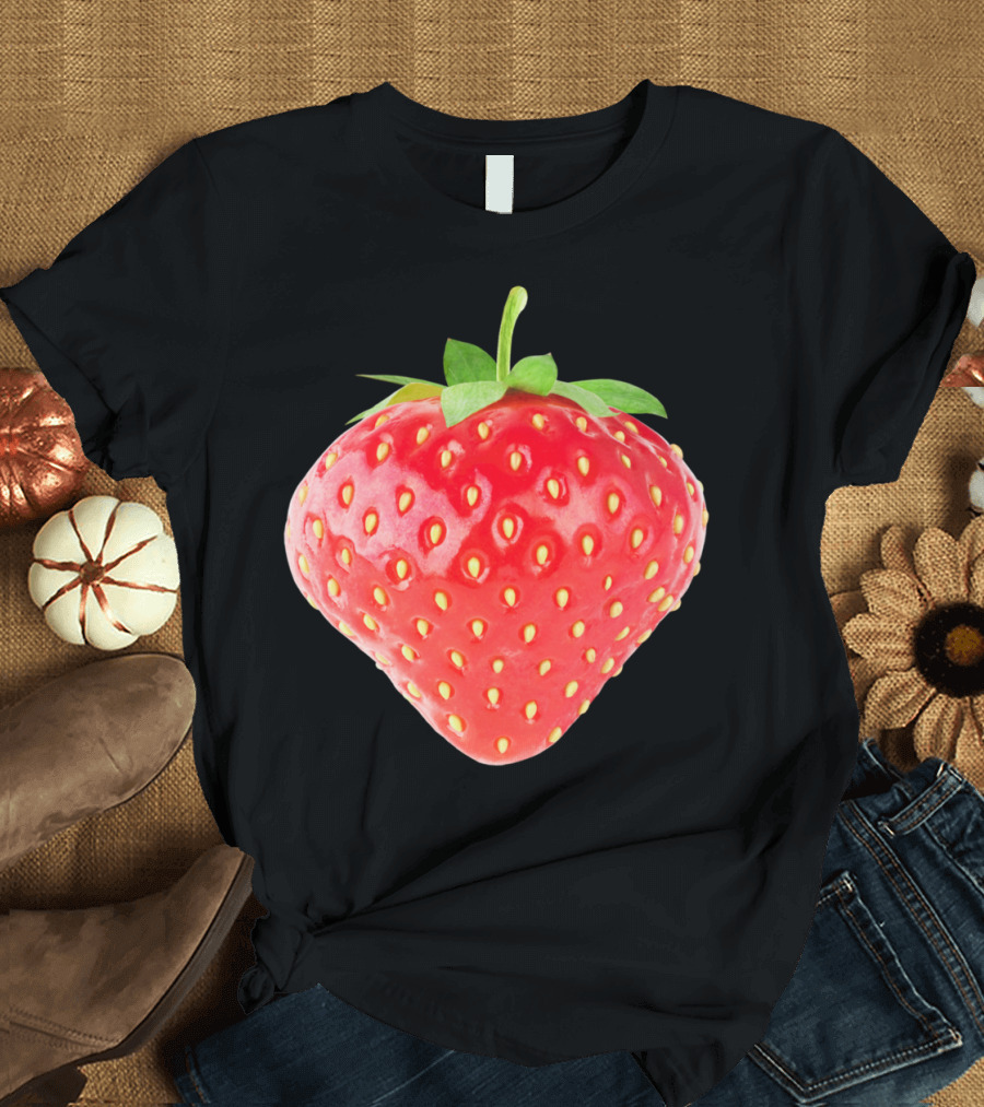 Strawberry Realistic Red Fruit with Green Leaves T-Shirt