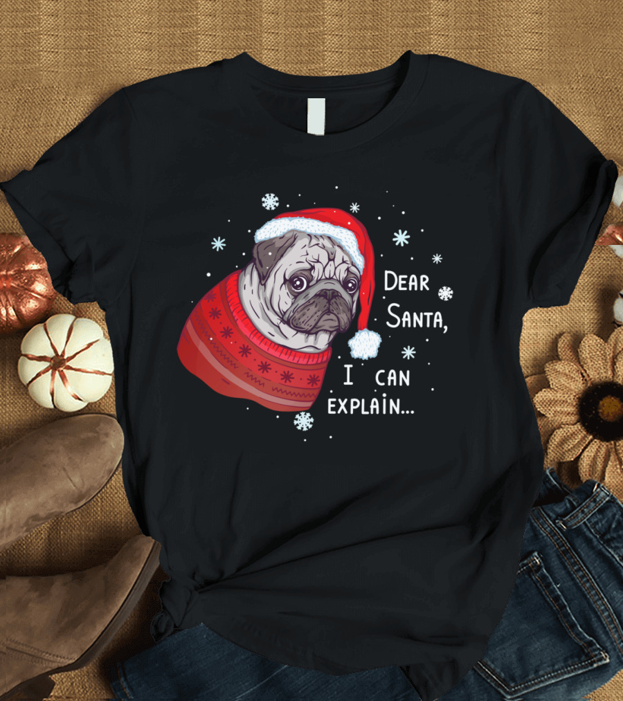 Dear Santa I Can Explain Pug in Santa Hat with Snowflakes T-Shirt