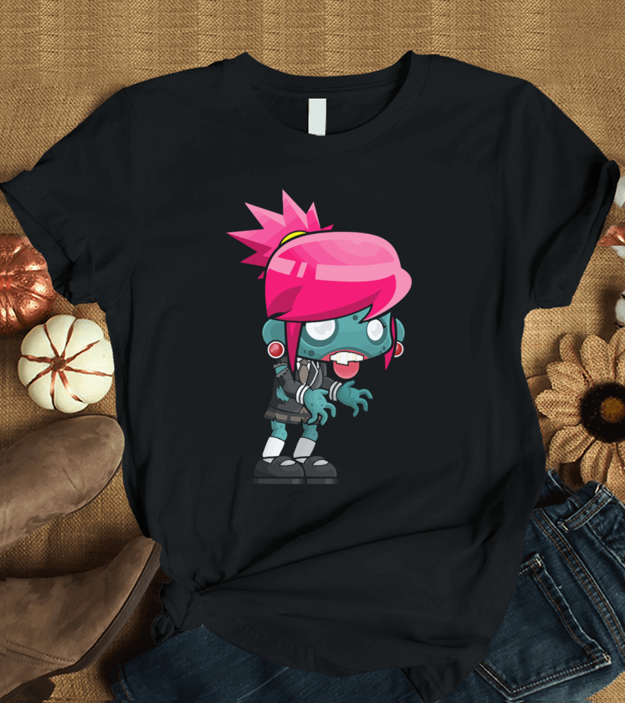 Zombie Girl Pink Hair Cartoon Character T-Shirt
