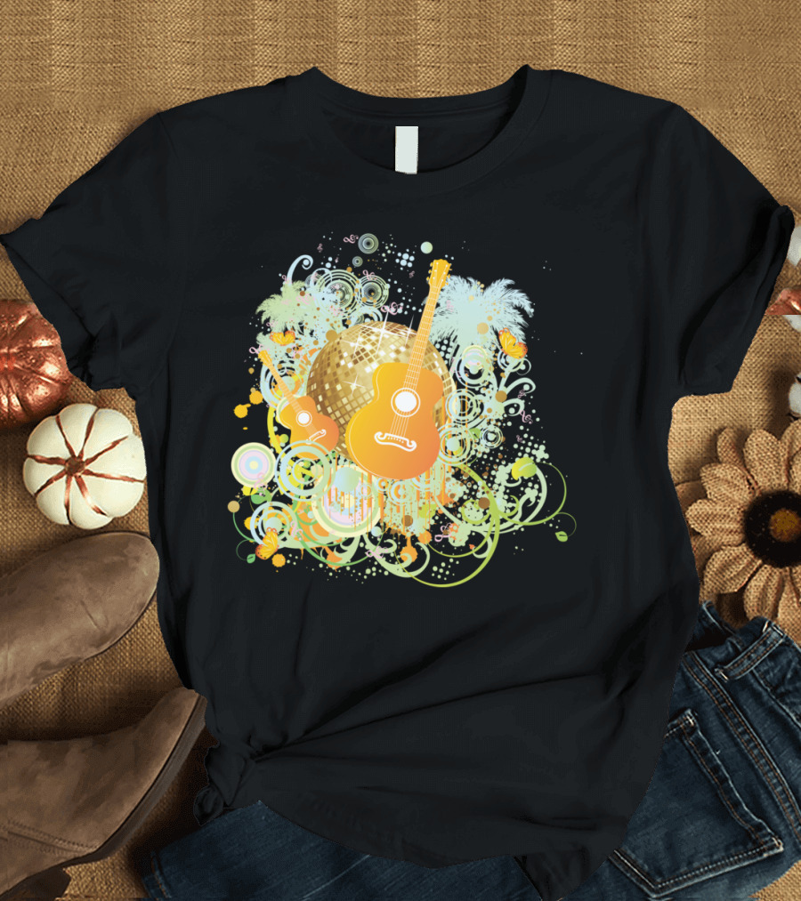 Disco Ball Guitars with Vibrant Swirls and Butterflies T-Shirt