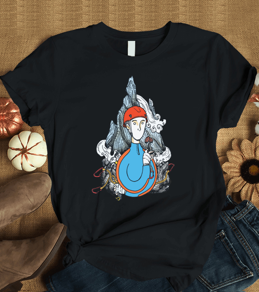 Alpinist Mountain Climber with Ice Axe and Red Helmet T-Shirt