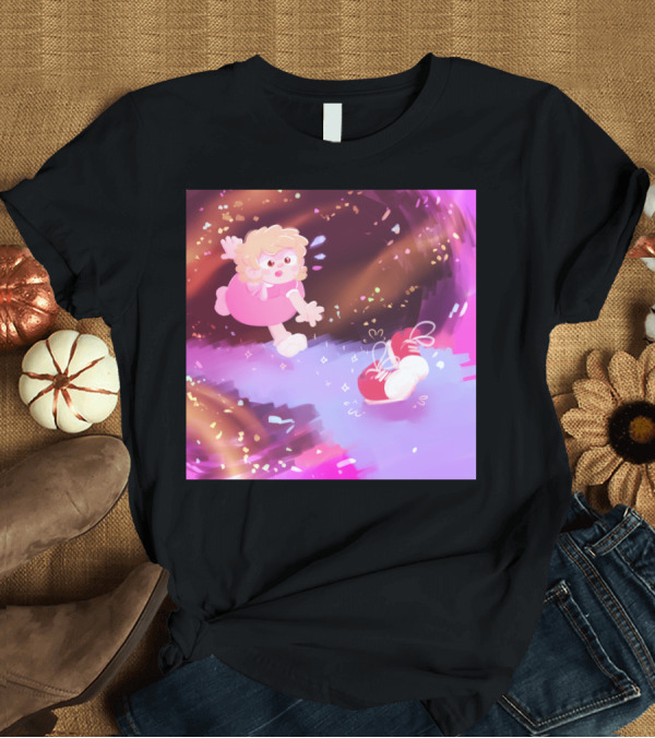 T-Shirt: Chase Chase Chase Pink Dress Girl Chasing Red Shoes in Magic Swirl T-Shirt Chase Chase Chase Pink Dress Girl Chasing Red Shoes in Magic Swirl T-Shirt