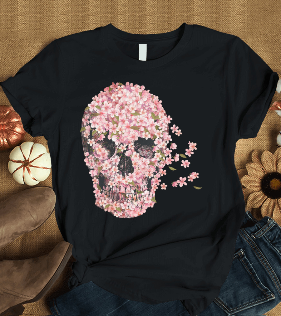 A Beautiful Death Floral Skull Pink Blossoms T-Shirt