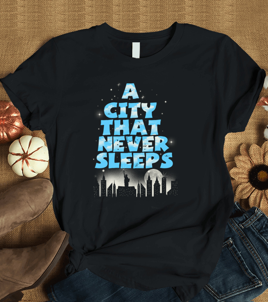 A City That Never Sleeps Skyline Statue Moonlit Stars T-Shirt