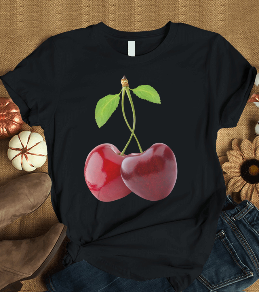 Heart Shaped Cherries Intertwined Stems and Leaves T-Shirt