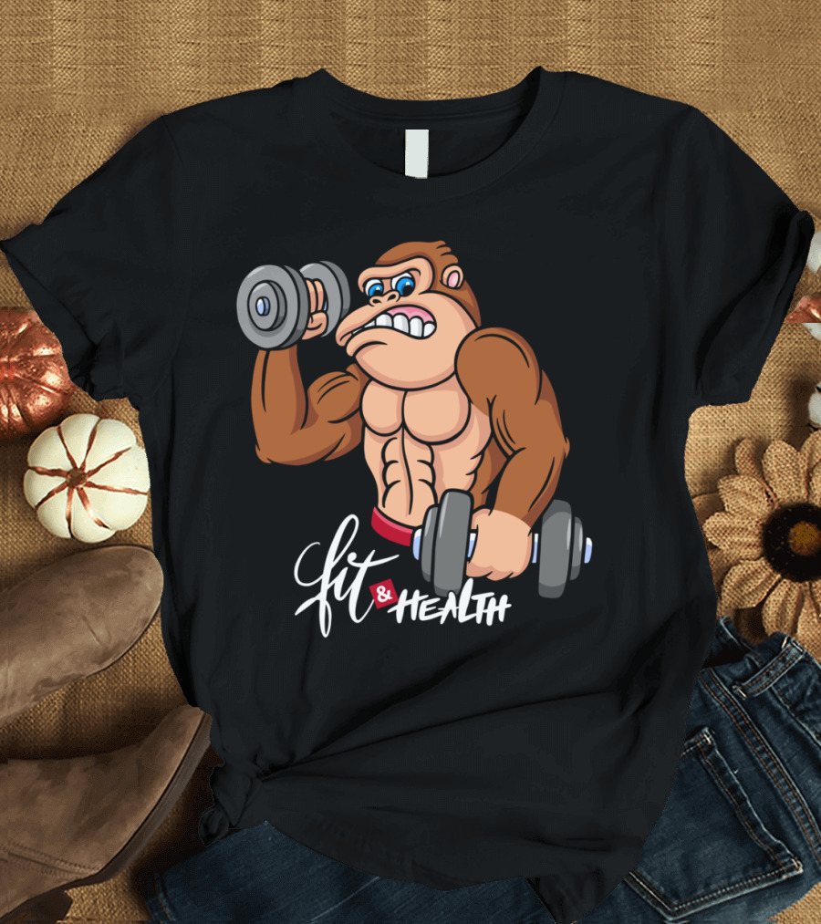 Fit And Health Gorilla Fitness Cartoon Dumbbells T-Shirt