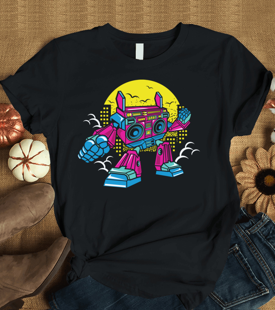 Comic Boombox Robot Retro City Battle Scene T-Shirt