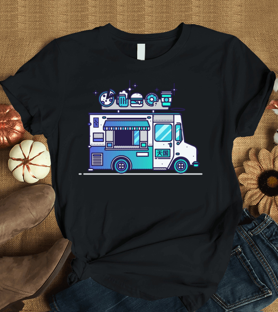 Heaven Food Truck with Pizza Burger Sushi Donuts Coffee Icons T-Shirt