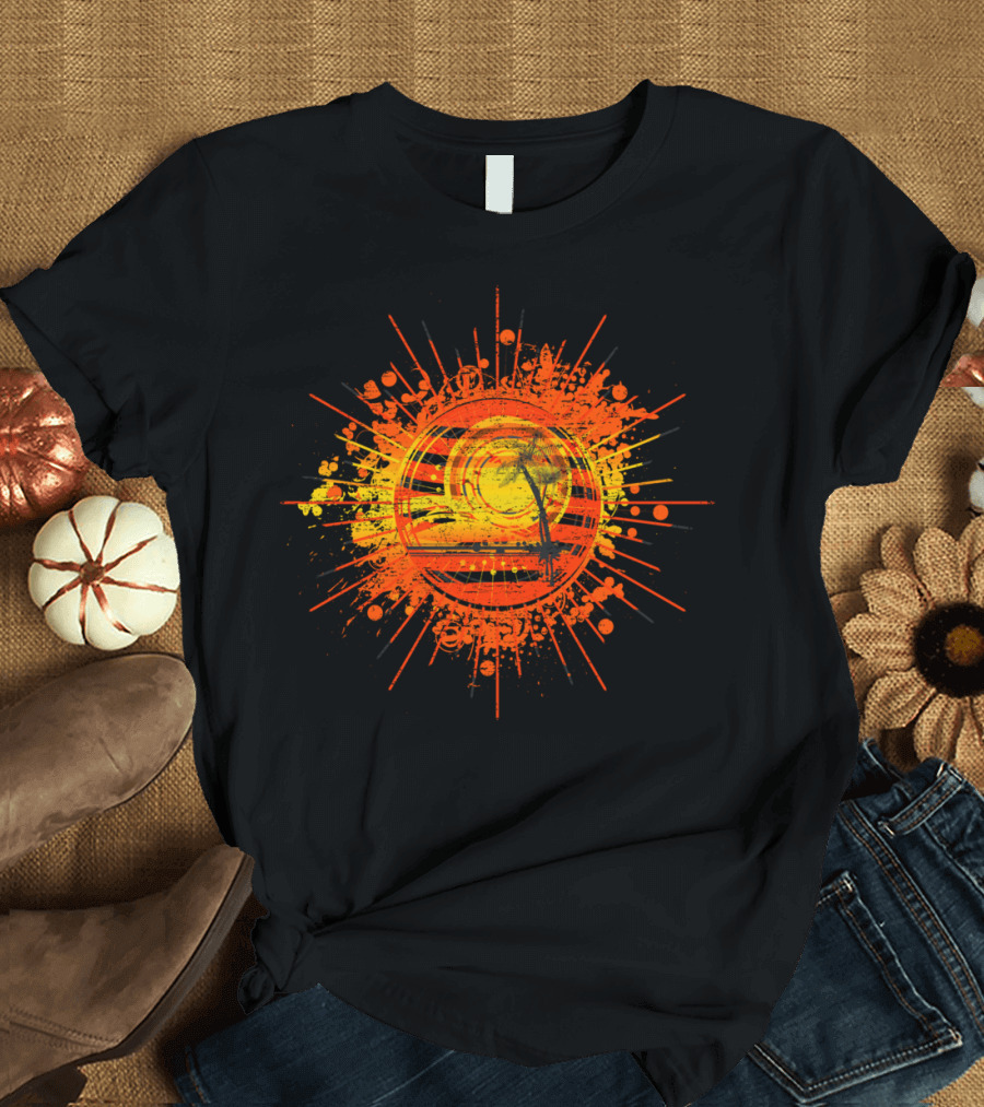 Summer Sunset Palm Trees Birds Flying in Orange and Yellow Burst T-Shirt