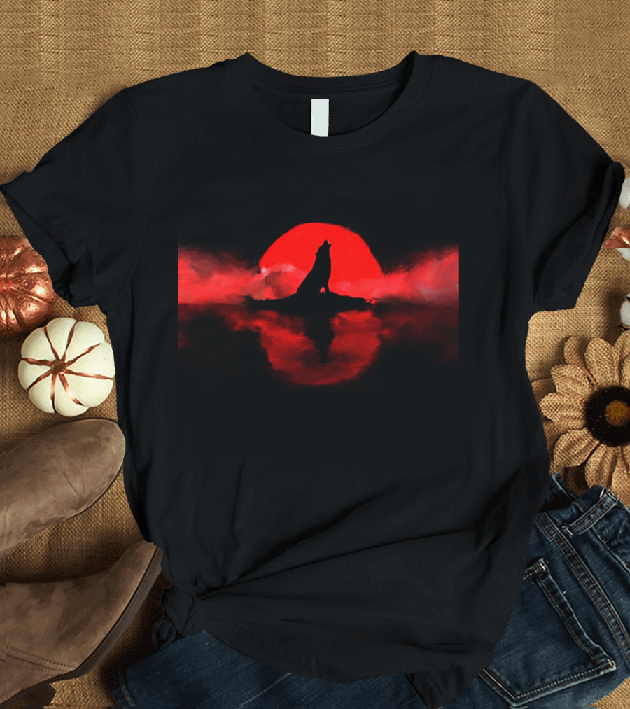 Summons Of The Blood Moon Howling Wolf Silhouette Against Red Lunar Glow T-Shirt