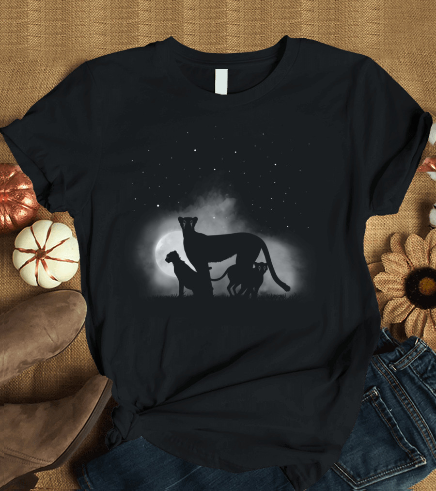 Cheetahs Family Moonlit Night Sky T-Shirt