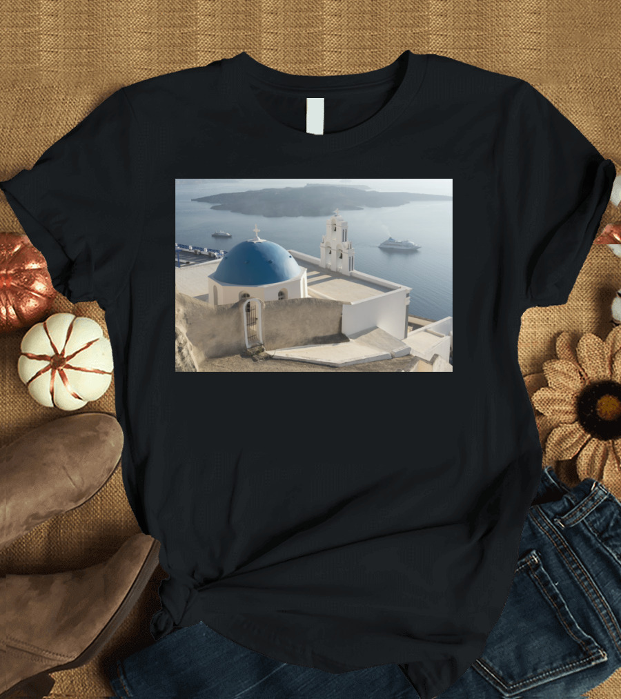 Blue Church Dome and Cruise Ship View Santorini T-Shirt