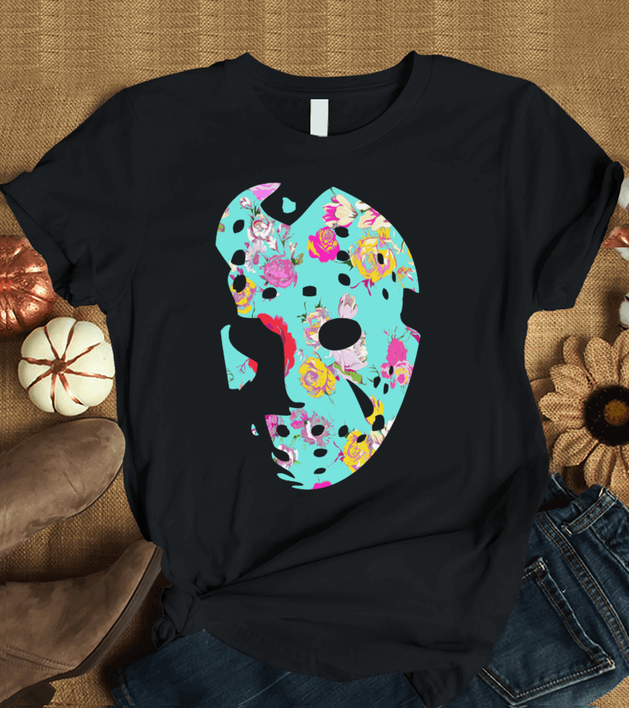 Floral Hockey Mask Turquoise Pink Roses T-Shirt