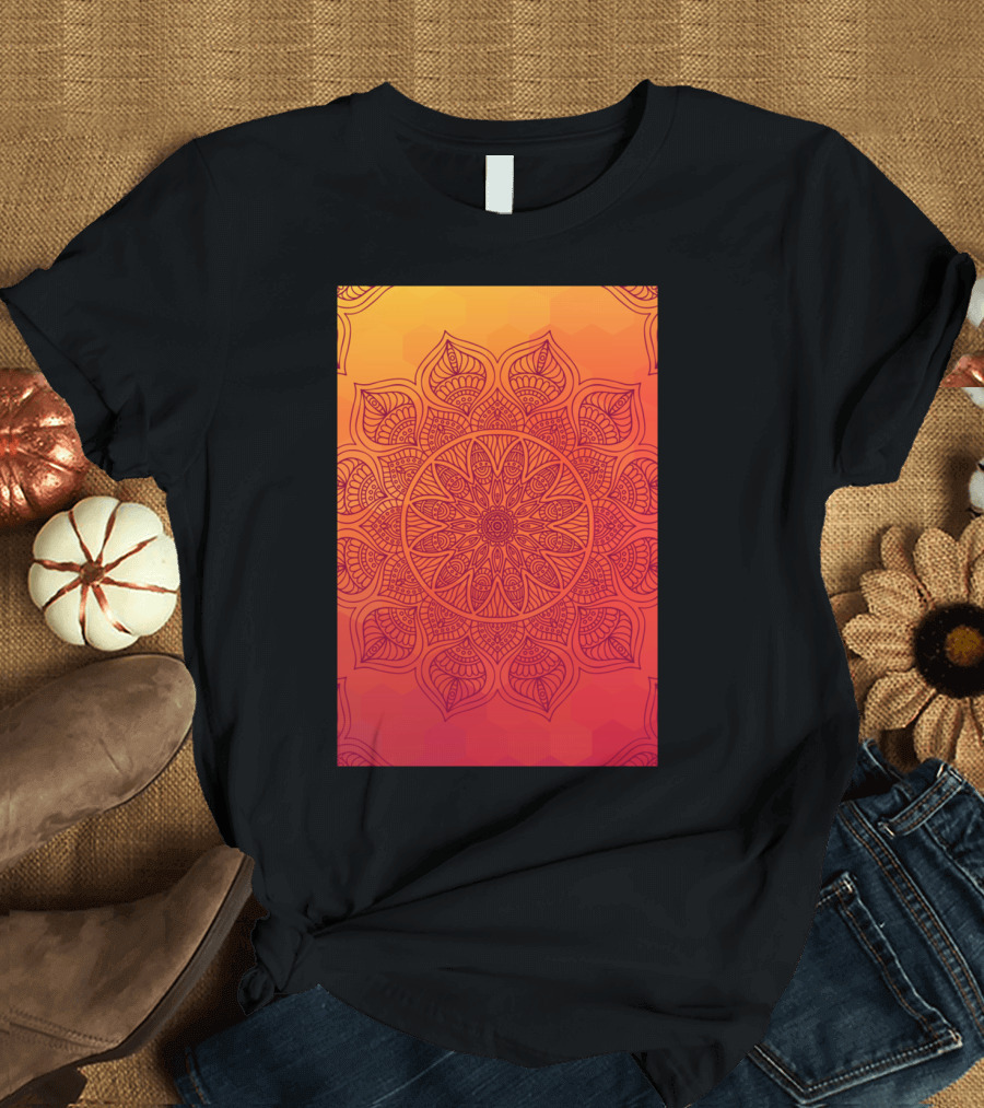 Sun Mandala Sacred Geometric Pattern on Radiant Orange Background T-Shirt