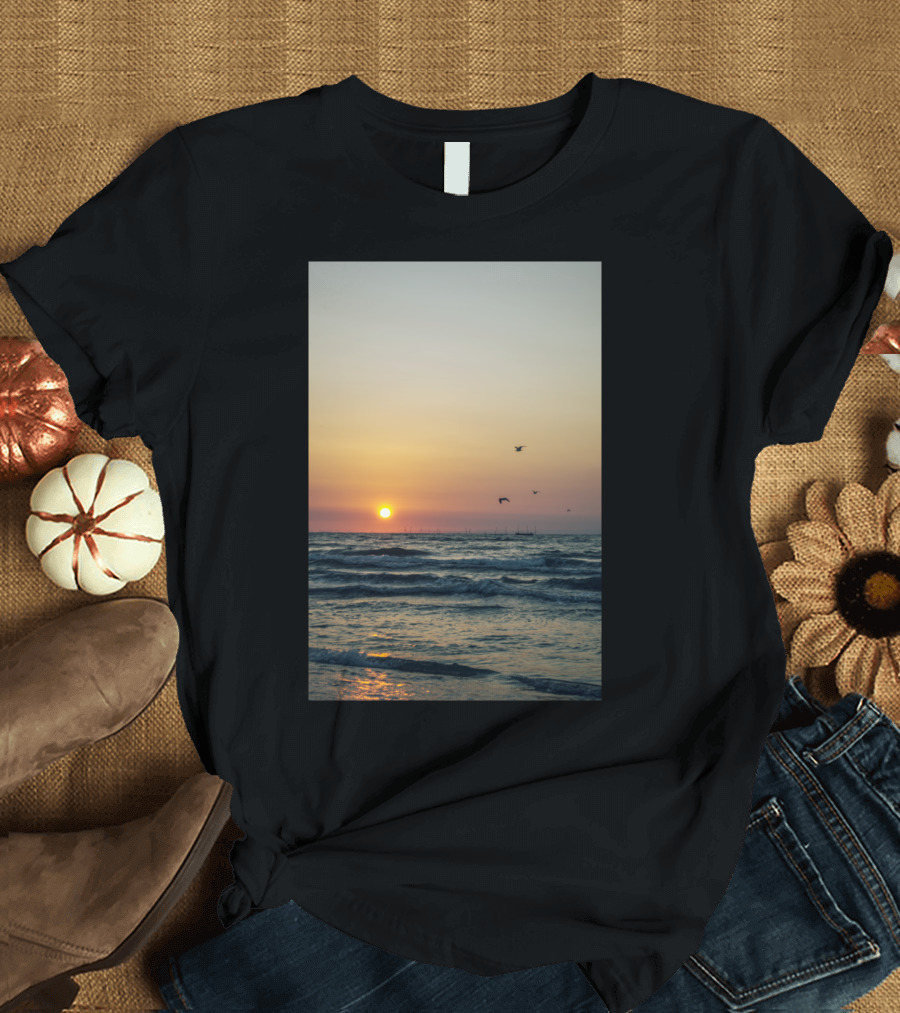 Sunrise Breath Shi Ocean Scene with Birds and Waves T-Shirt