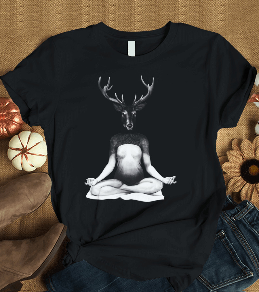 Deer Yoga Meditation Pose with Antlered Head and Tattooed Shoulders T-Shirt