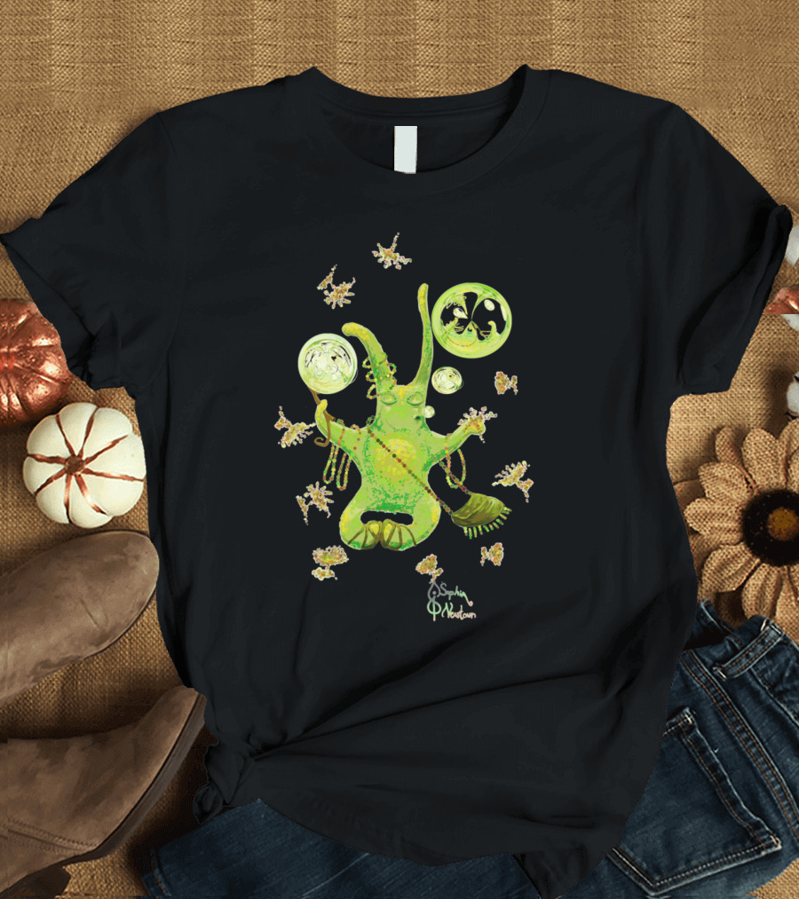 A Hippie Ravlekkian Peaceful Green Creature with Floating Bubbles and Stars by Sophia Medows T-Shirt