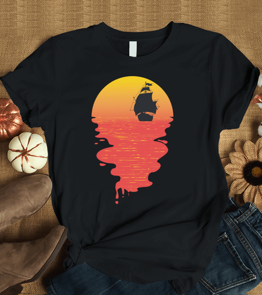 Pirate Ship Sailing Into Vibrant Sunset Horizon Reflections T-Shirt