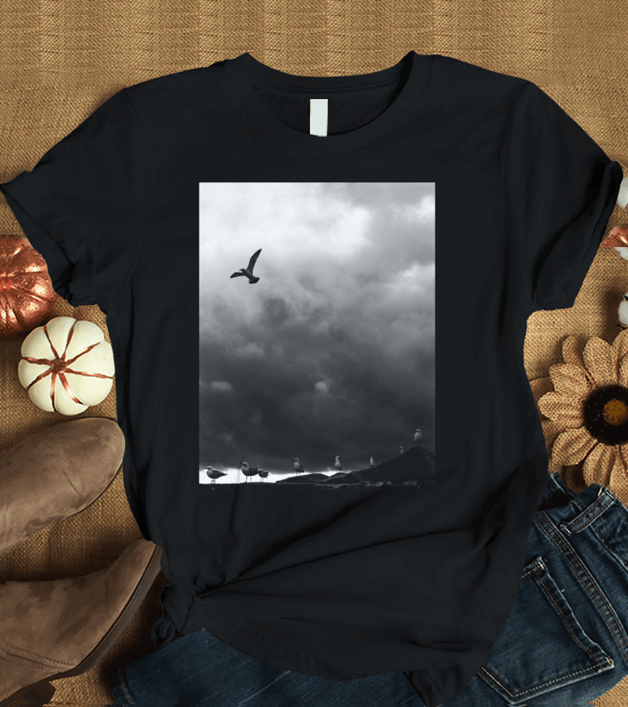 Flight Seagull Against Stormy Sky with Clouds and Birds on Ground T-Shirt