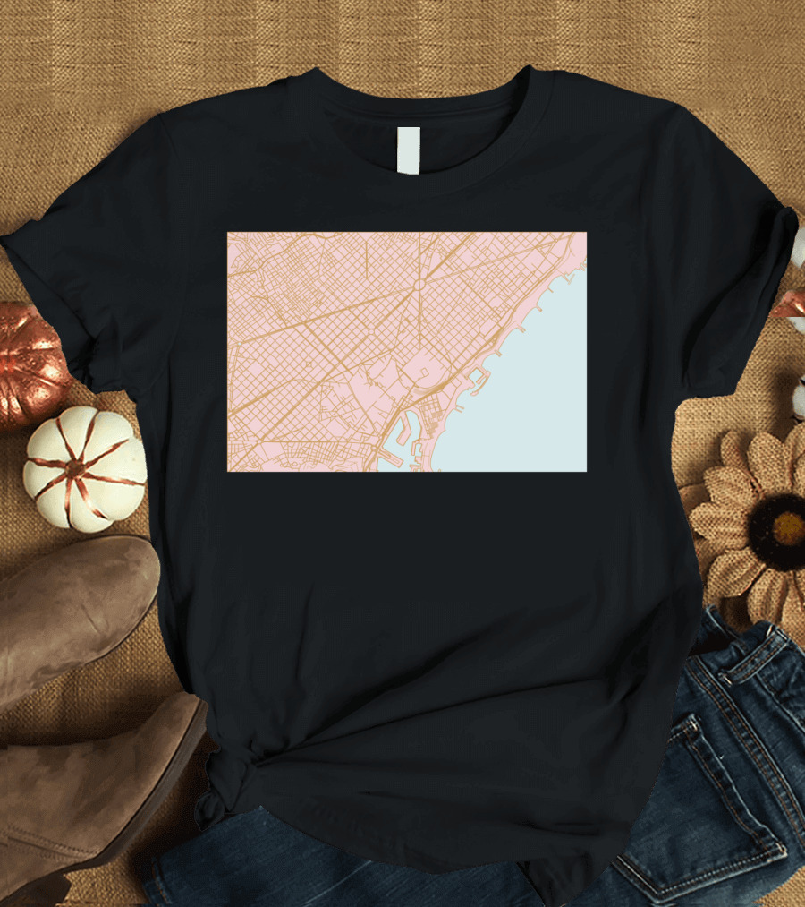 Barcelona Street and Coastline Layout Map T-Shirt