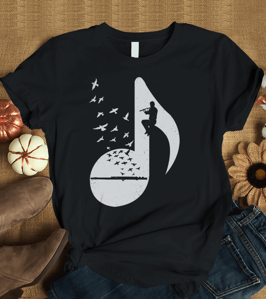 Musical Note Flute Silhouette with Flying Birds T-Shirt
