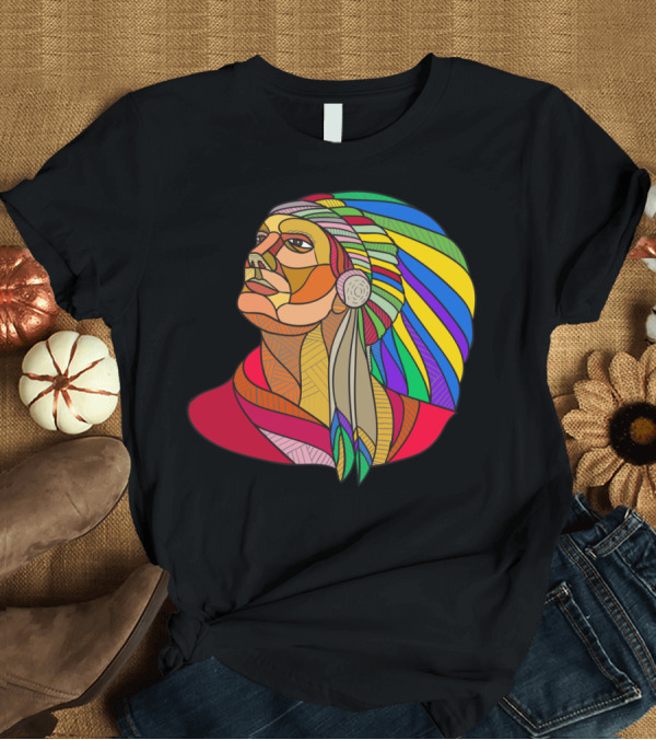 T-Shirt: Native American Indian Chief Headdress Rainbow Patchwork T-Shirt Native American Indian Chief Headdress Rainbow Patchwork T-Shirt