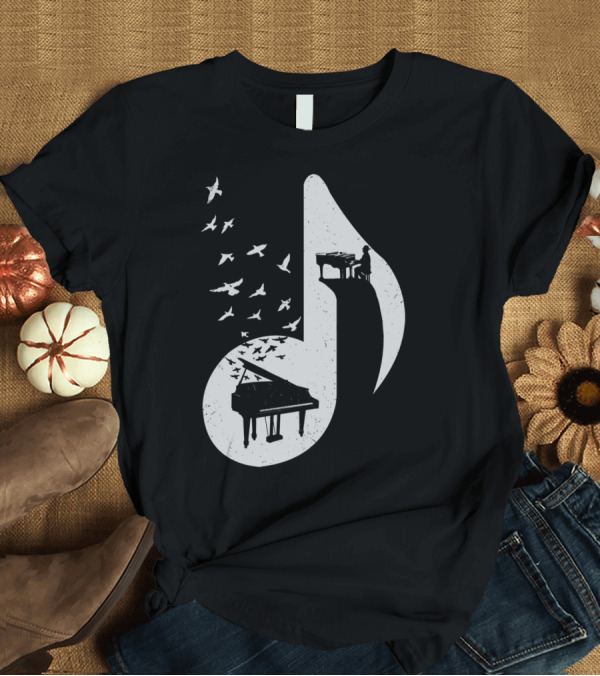 T-Shirt: Musical Note with Piano and Flying Birds T-Shirt Musical Note with Piano and Flying Birds T-Shirt