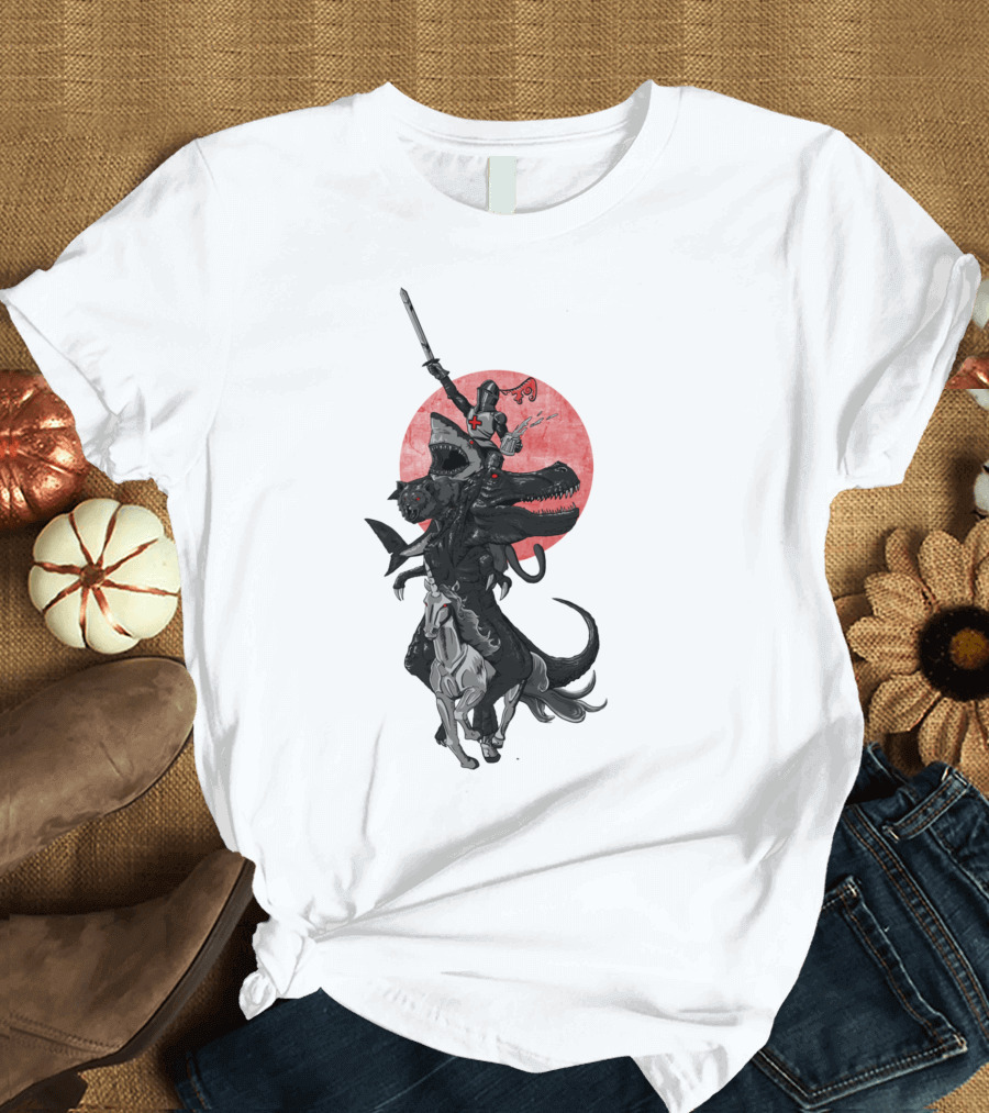 A Knight Riding a Dinosaur with a Sword and Cross on his Shield T-Shirt