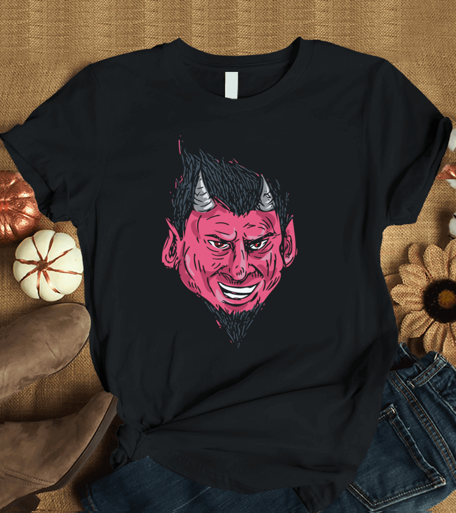 Demon Horns Goatee Head Drawing Red Face Grinning Devil T-Shirt