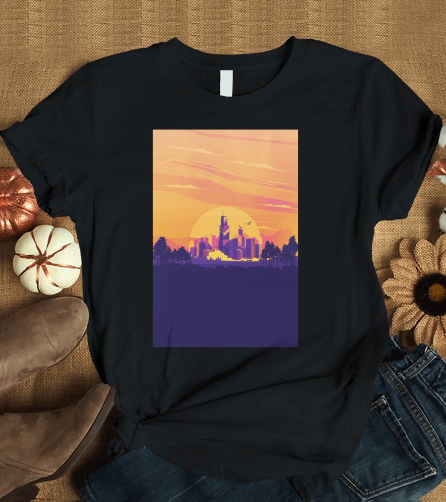 Compound Sunset Cityscape with Trees and Silhouette Skyline T-Shirt
