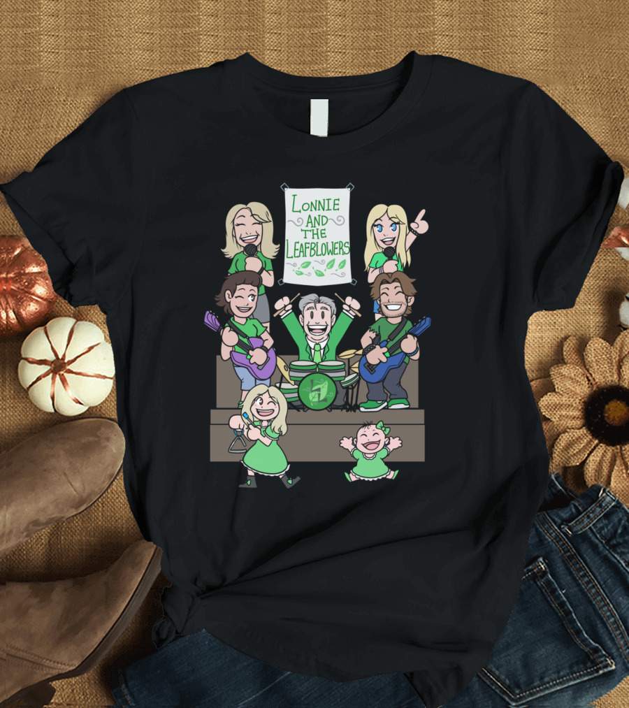 Lonnie And The Leafblowers Cartoon Band Performance with Musical Instruments and Joyful Characters T-Shirt