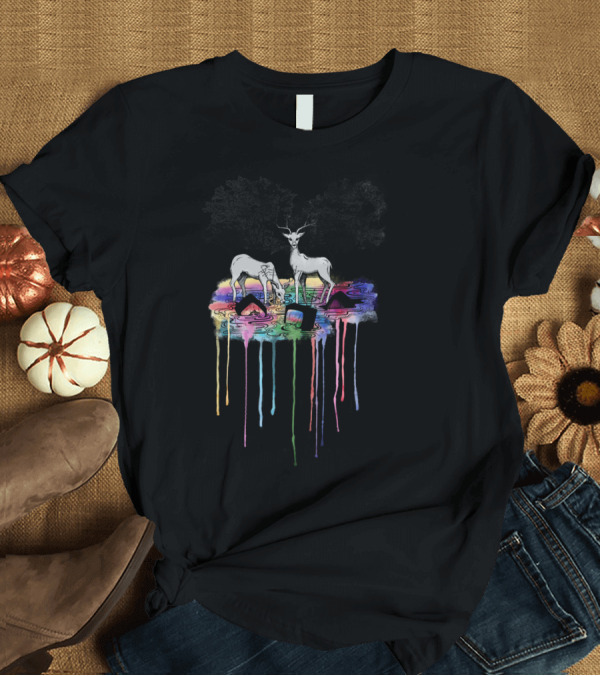 T-Shirt: Natural Reception: Deer by Colorful Pond in Forest T-Shirt Natural Reception: Deer by Colorful Pond in Forest T-Shirt