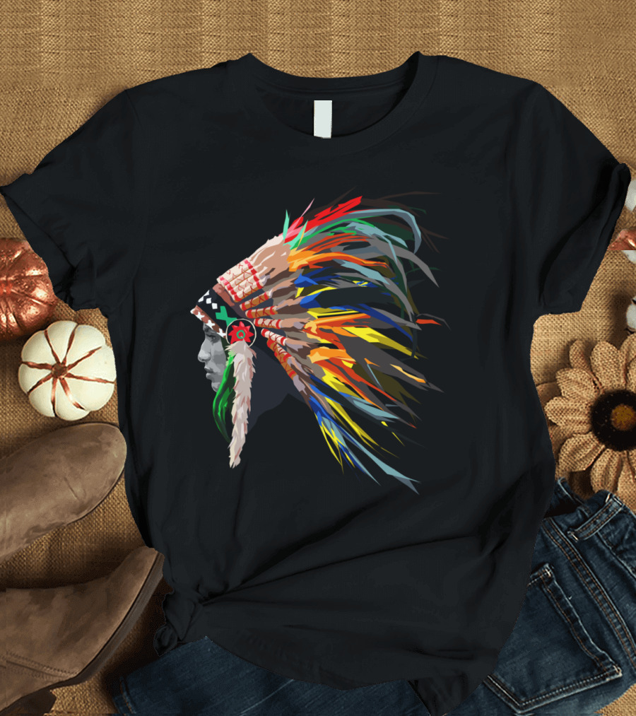 Rainbow Headdress Chief Profile with Multicolor Feather Headgear T-Shirt