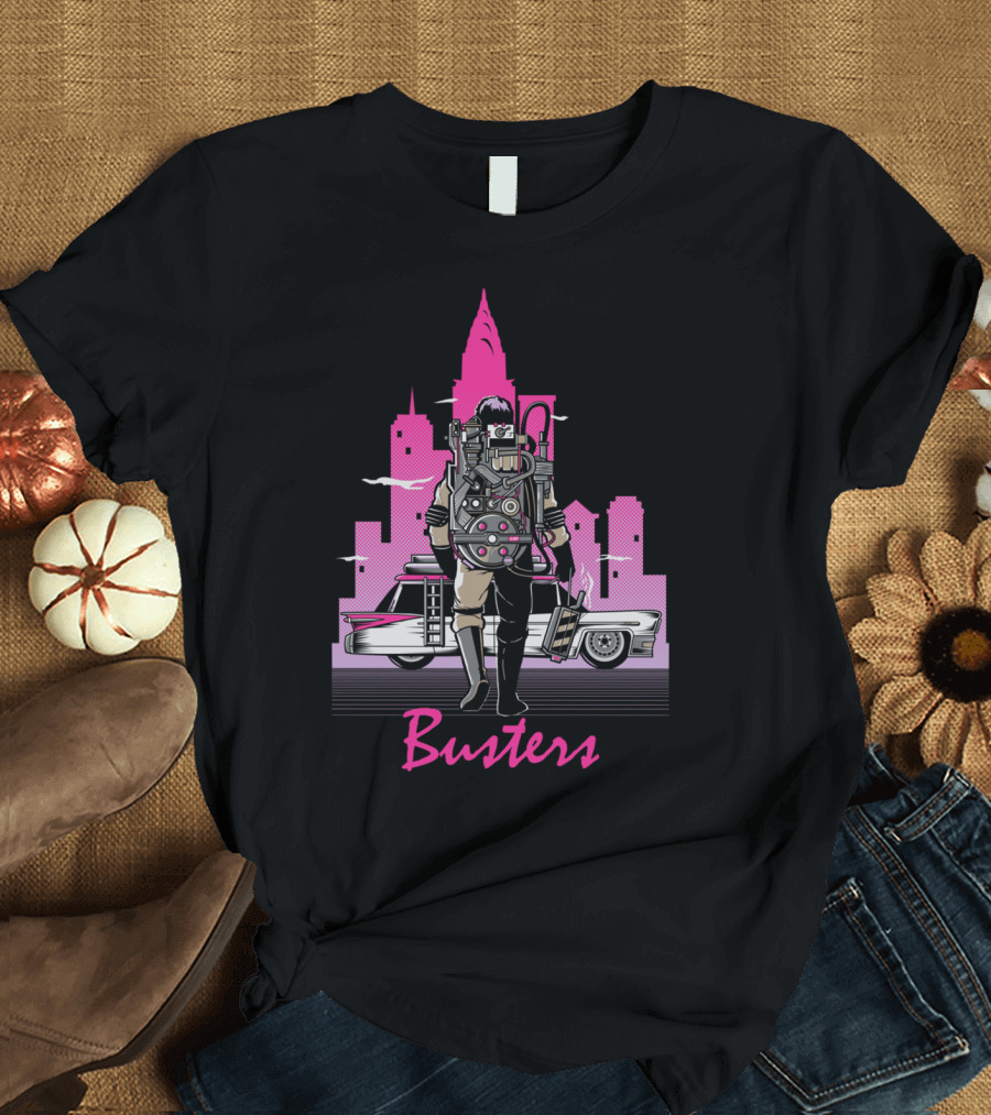 Busters Retro City Hero with Car and Neon Skyline T-Shirt