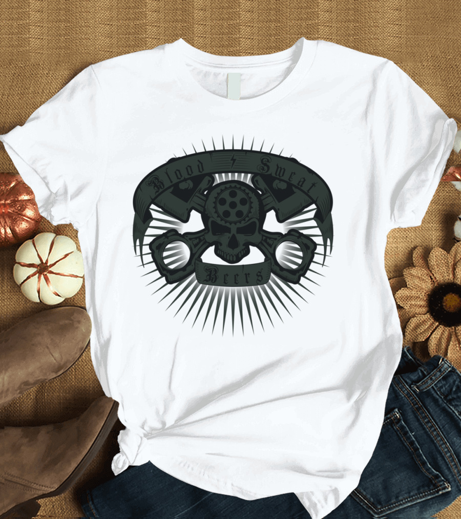 Blood Sweat Beers Skull and Pistons Iconography T-Shirt