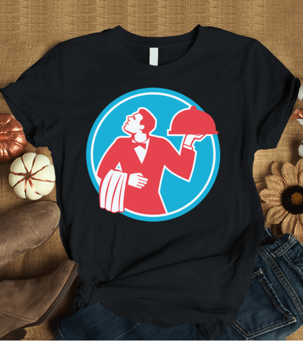 T-Shirt: Butler Serving Food Platter in Red and Blue Circular Emblem T-Shirt Butler Serving Food Platter in Red and Blue Circular Emblem T-Shirt