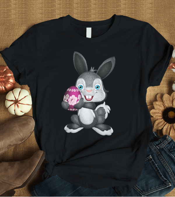 T-Shirt: Playful Fluffy Easter Bunny Holding Pink Floral Egg T-Shirt Playful Fluffy Easter Bunny Holding Pink Floral Egg T-Shirt