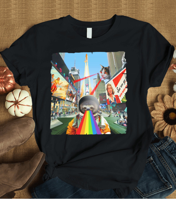 T-Shirt: Epic Dream Space Sloth in Times Square with Rocket and Rainbow Beams T-Shirt Epic Dream Space Sloth in Times Square with Rocket and Rainbow Beams T-Shirt
