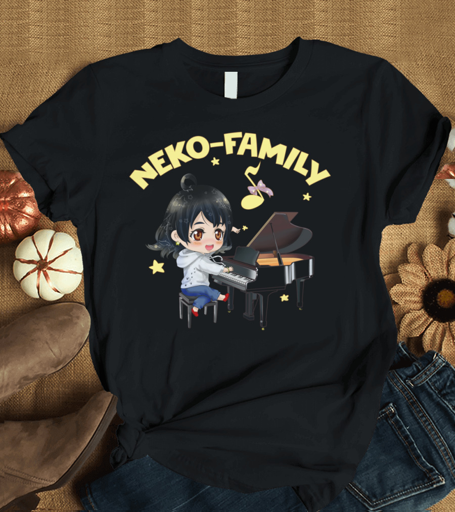Neko Family Cute Character Playing Piano with Music Note and Stars T-Shirt