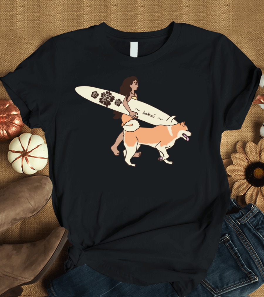 Blossurfing Hakui Surfer Girl with Dog and Floral Surfboard T-Shirt