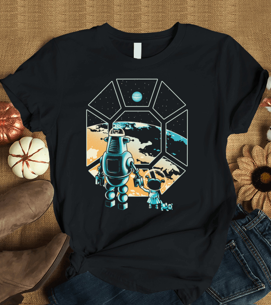 Intergalactic Adventure with Robot and Child in Space Window T-Shirt