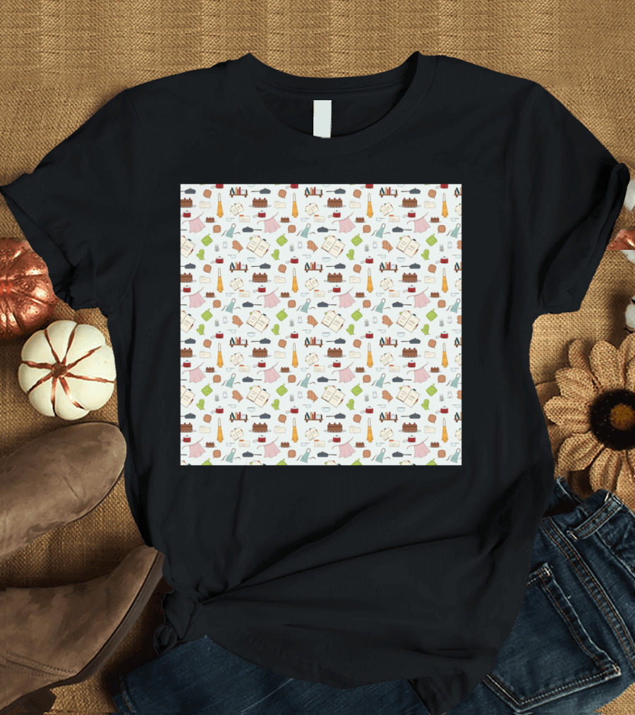 Baking Utensils and Ingredients Pattern with Cakes and Recipes T-Shirt