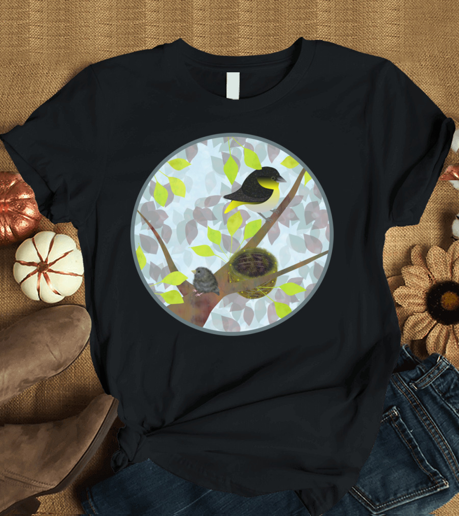 Nesting Goldfinches in Leafy Branches with Blue Sky and Nest T-Shirt