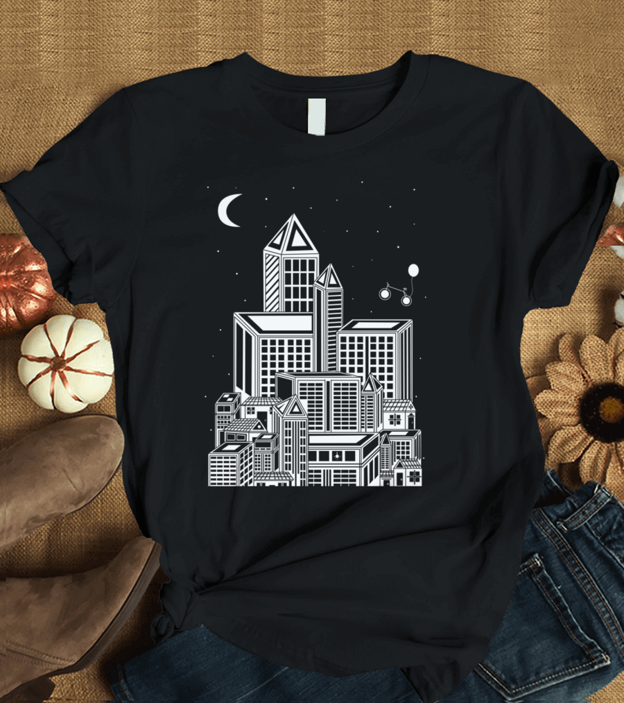 A Night At Town with Geometric Skyline and Crescent Moon T-Shirt