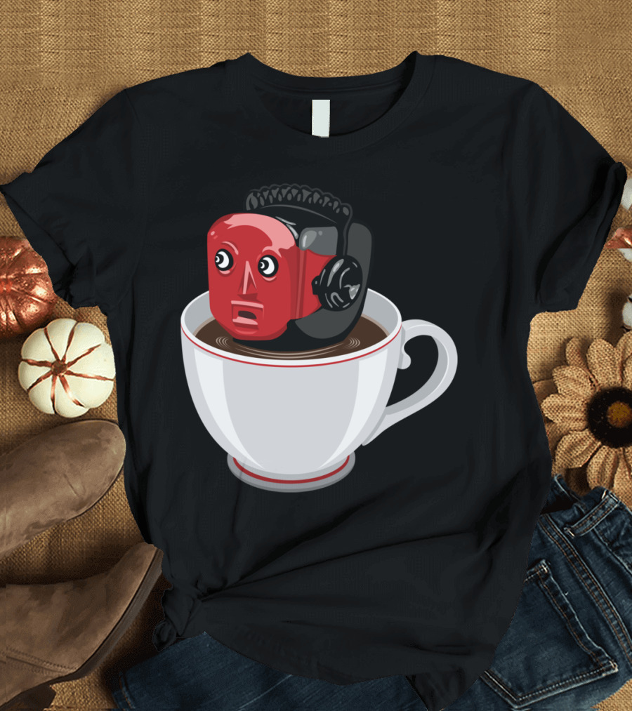 Even Robots Drink Coffee in a Cup with Surprised Red-Head Robot Face T-Shirt