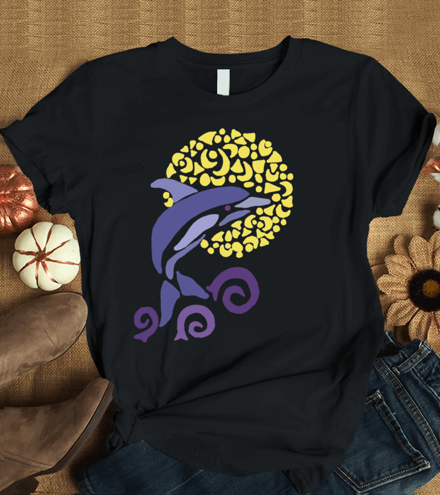 Cool Artistic Leaping Dolphins In The Moonlit Night T-Shirt