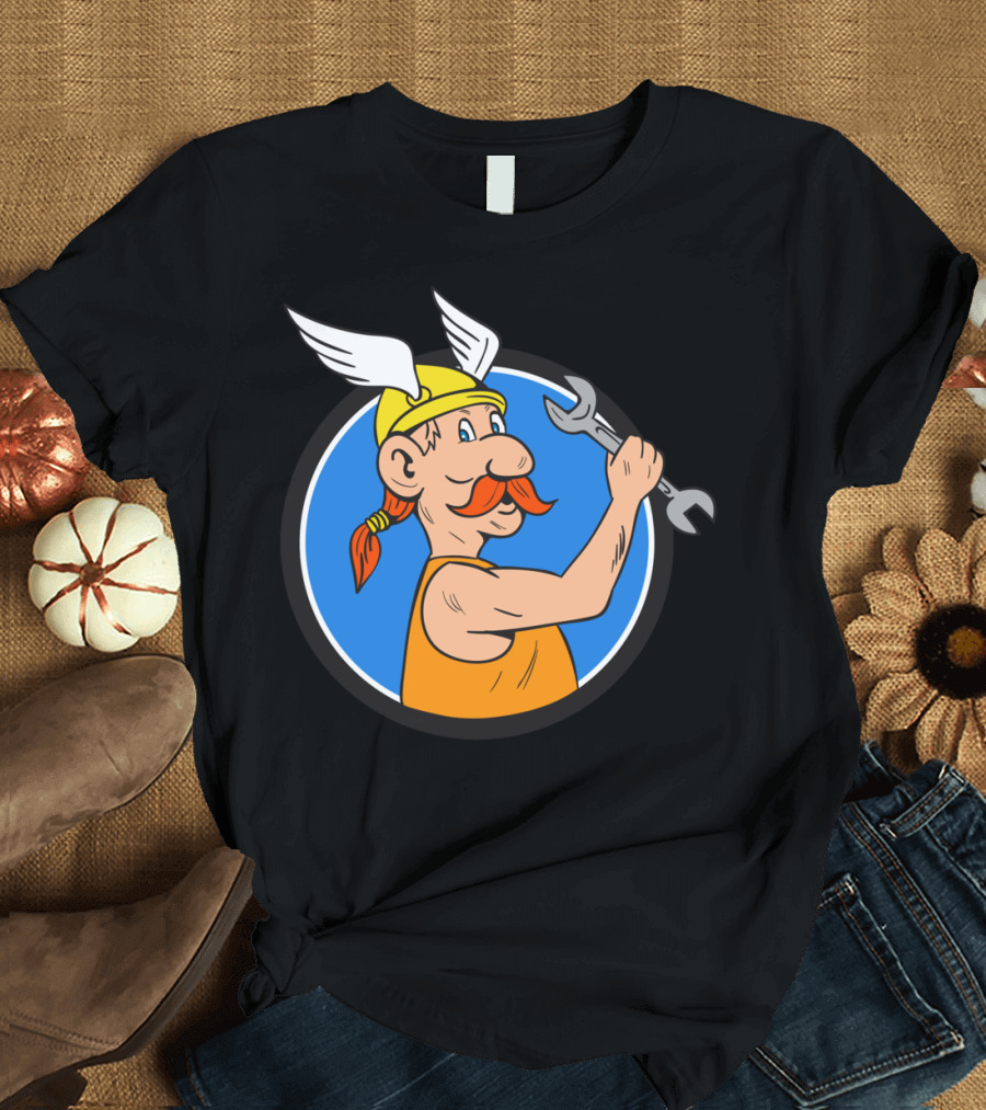 Viking Repairman with Winged Helmet Holding Spanner in Circle T-Shirt