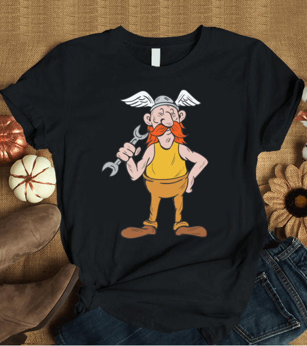 T-Shirt: Viking Repairman Holding Spanner with Winged Helmet T-Shirt Viking Repairman Holding Spanner with Winged Helmet T-Shirt