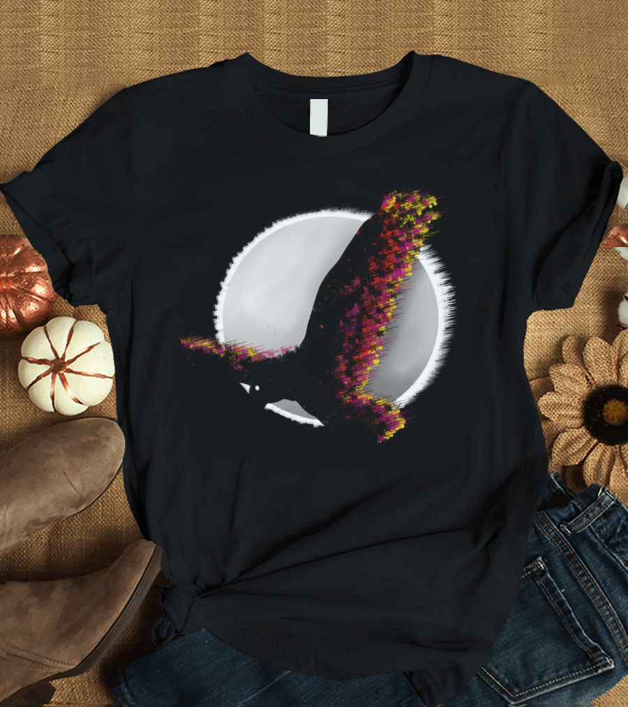 Raven Flying in Front of White Full Moon with Vibrant Color Accents T-Shirt